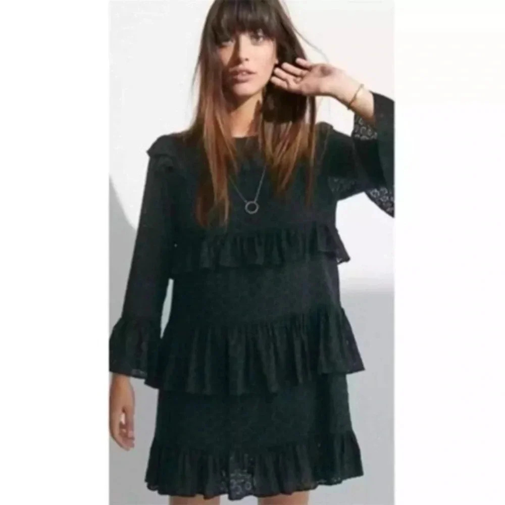 Madewell Black Whimsigoth Crochet Eyelet Boho Waterlily Ruffle Dress Size 00 XXS